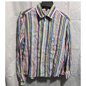 J McLaughlin Striped Linen Button‎ Down Shirt Colorful Pocket Long Sleeve Size S
